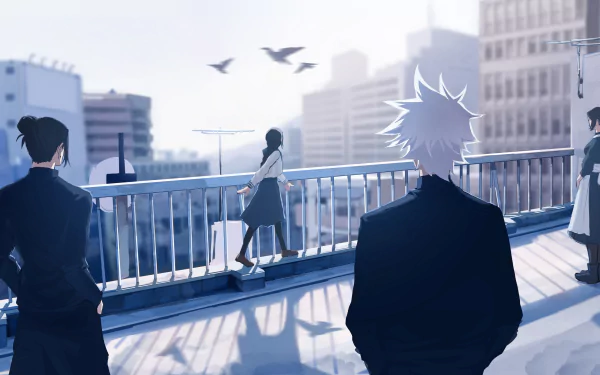 HD desktop wallpaper featuring Riko Amanai, Satoru Gojo, Suguru Geto, and Misato Kuroi from the anime Jujutsu Kaisen. Characters stand on a rooftop with cityscape and birds in the background.