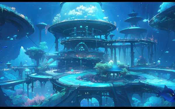 An 8K Ultra HD anime-style underwater cityscape, blending futuristic architecture with vibrant aquatic life in a detailed AI-generated original artwork.