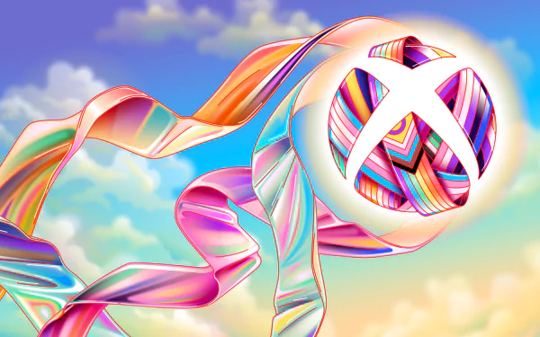 Colorful Xbox logo entwined with vibrant, swirling ribbons against a dreamy sky background, designed as a high-definition desktop wallpaper.