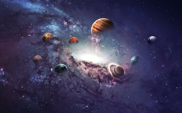 Stunning HD wallpaper of a vibrant galaxy with an array of colorful planets for desktop background.