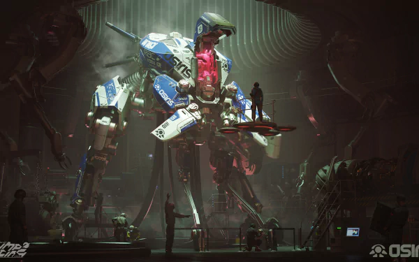 HD desktop wallpaper featuring a detailed sci-fi mech in a hangar, surrounded by crew members, with atmospheric lighting and intricate design elements.
