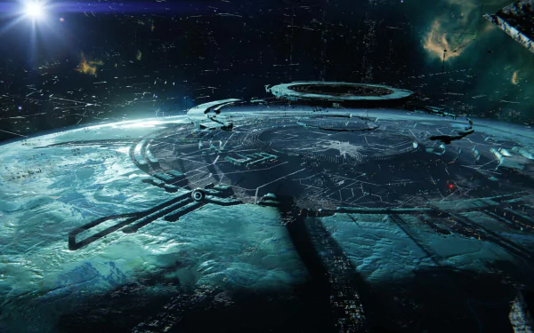 HD desktop wallpaper of a futuristic sci-fi scene depicting a large spaceship orbiting a vibrant blue planet with distant stars.