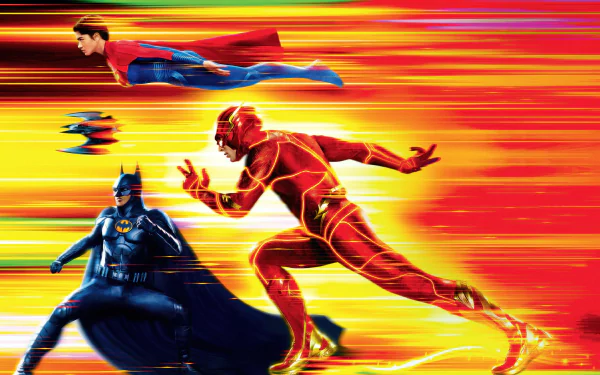 A vibrant 4K Ultra HD desktop wallpaper featuring characters from The Flash (2023) movie, including The Flash, Batman, and Superman in dynamic action poses.