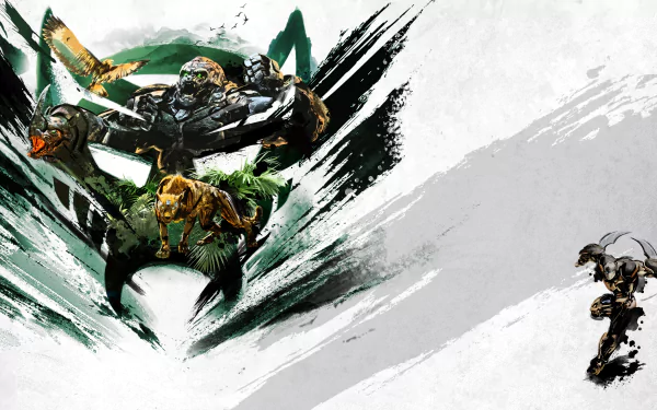 4K Ultra HD desktop wallpaper featuring dynamic action scenes from the movie Transformers: Rise of the Beasts with vivid colors and detailed robotic characters.