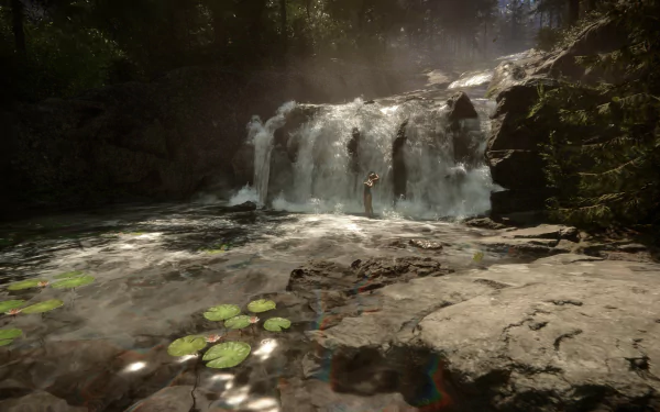 HD desktop wallpaper from the video game Sons of the Forest, featuring a serene waterfall in a lush forest setting.