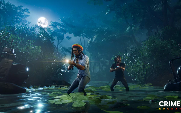 HD desktop wallpaper from Crime Boss: Rockay City featuring two characters in a jungle at night, engaging in a shootout under a full moon.