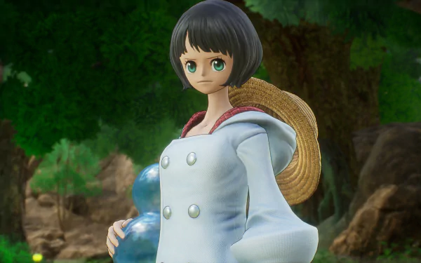 HD desktop wallpaper featuring a character from One Piece Odyssey video game, captured in a lush green forest setting.