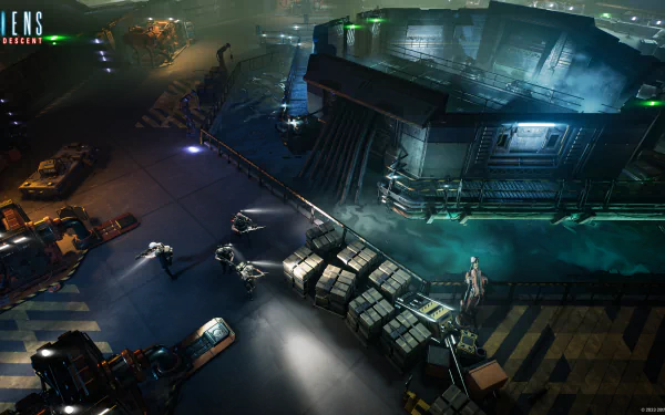 HD desktop wallpaper from the video game Aliens: Dark Descent, featuring a futuristic industrial setting with vehicles and illuminated structures.