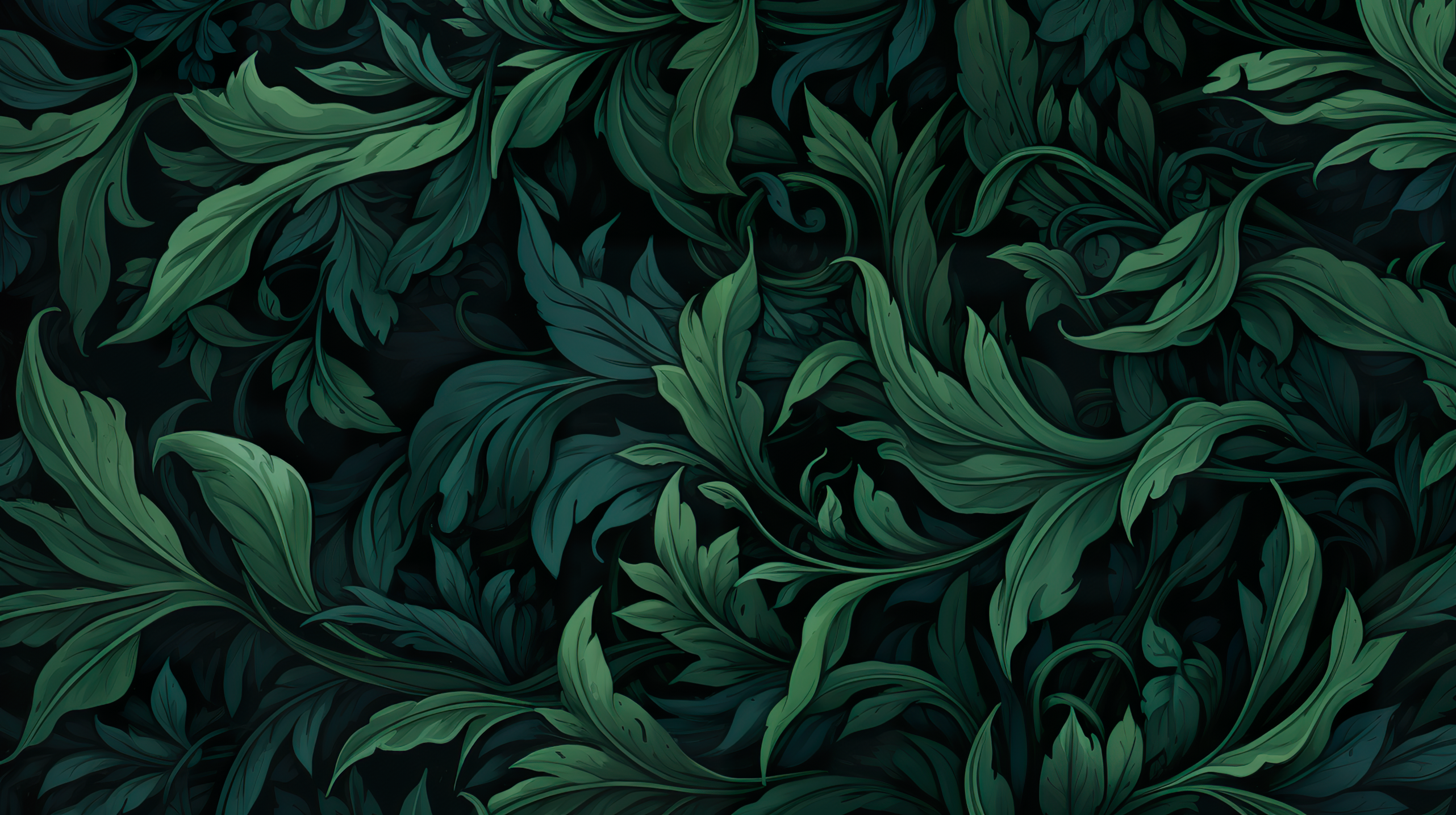 Green leaf pattern aesthetic HD desktop wallpaper with a dark background.