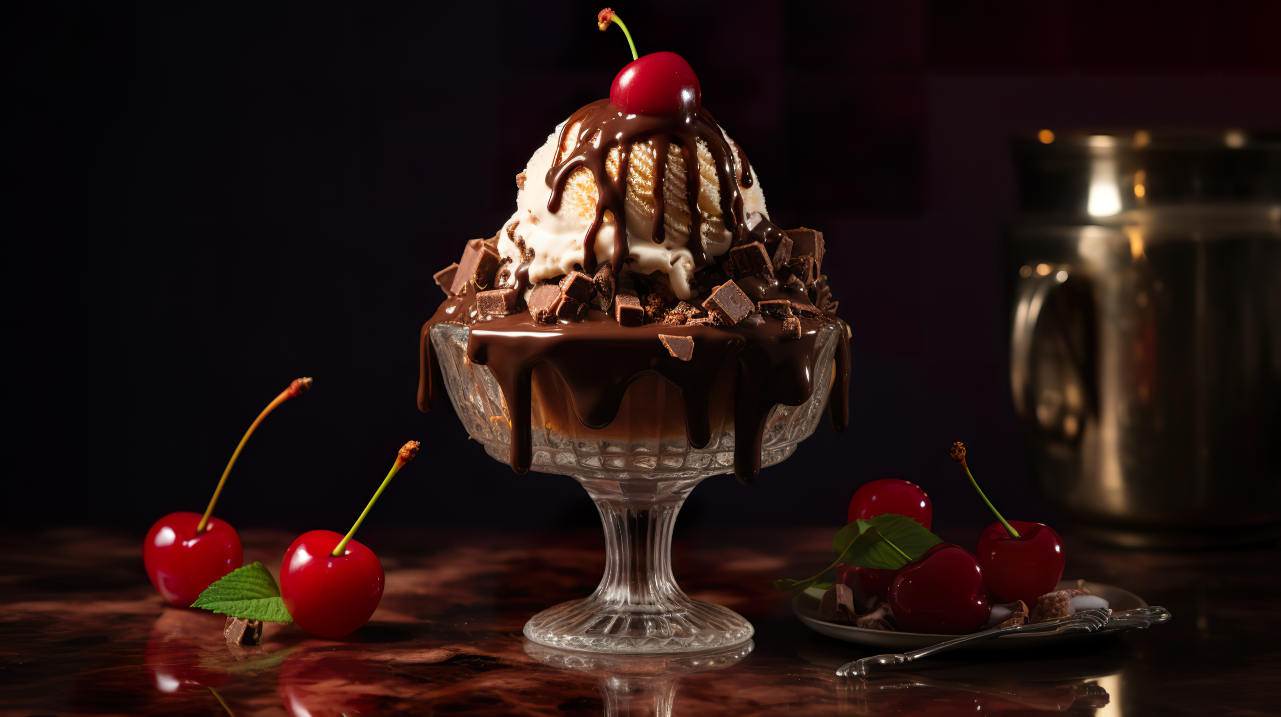 Decadent chocolate sundae topped with whipped cream and a cherry, surrounded by fresh cherries, perfect for an HD ice cream-themed desktop wallpaper.