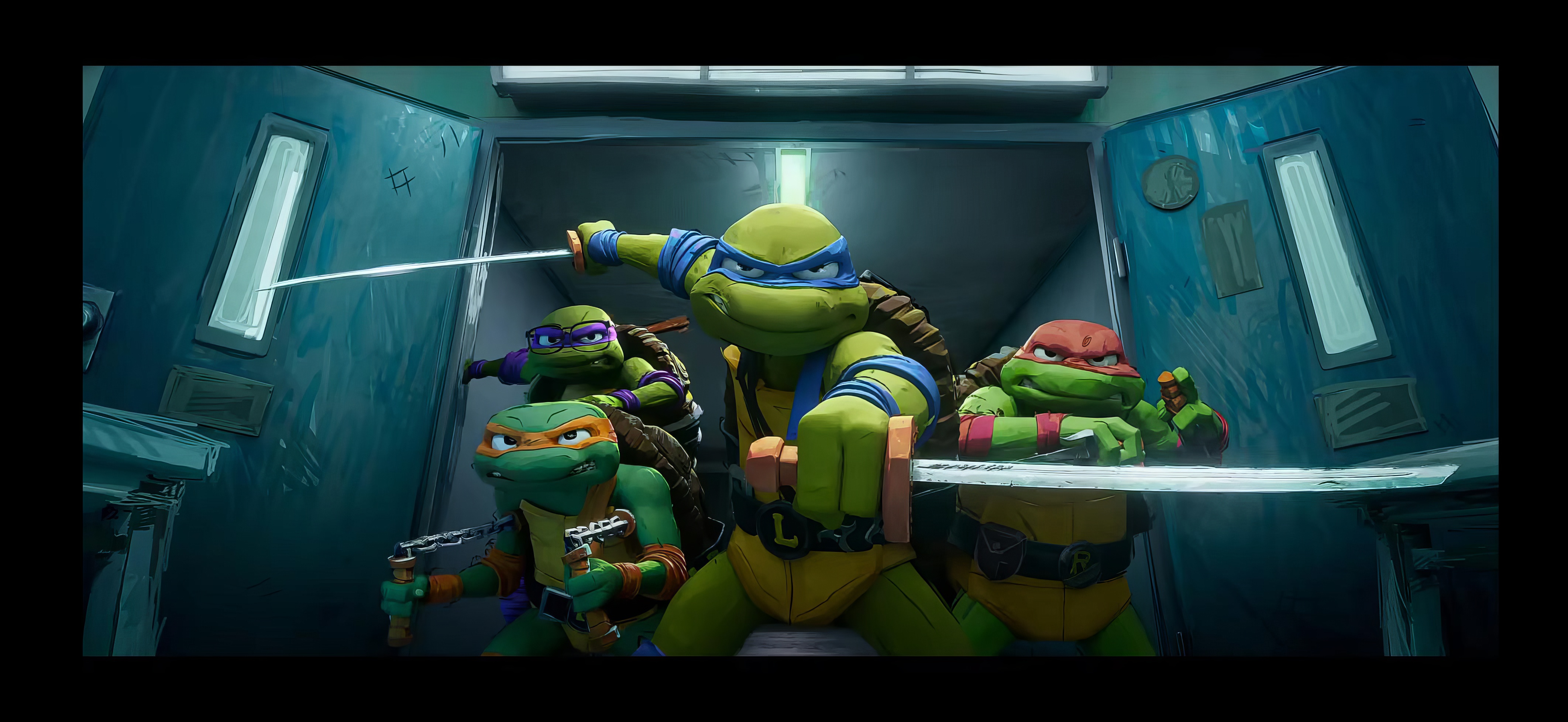 HD wallpaper featuring the Teenage Mutant Ninja Turtles from 'Mutant Mayhem' posing in an elevator ready for action.