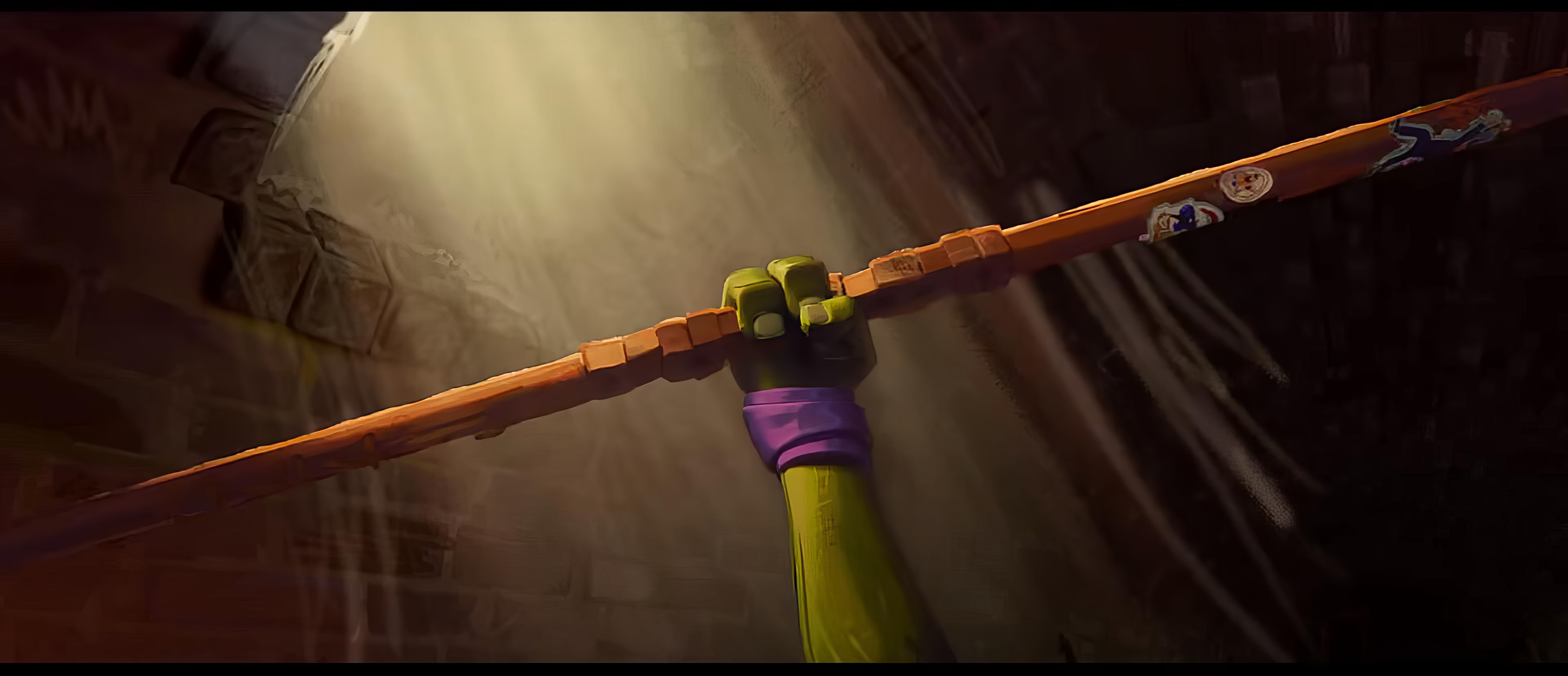 HD wallpaper of Teenage Mutant Ninja Turtles: Mutant Mayhem showcasing a detailed close-up of a ninja turtle's hand gripping their signature weapon, with a dramatic alleyway background.