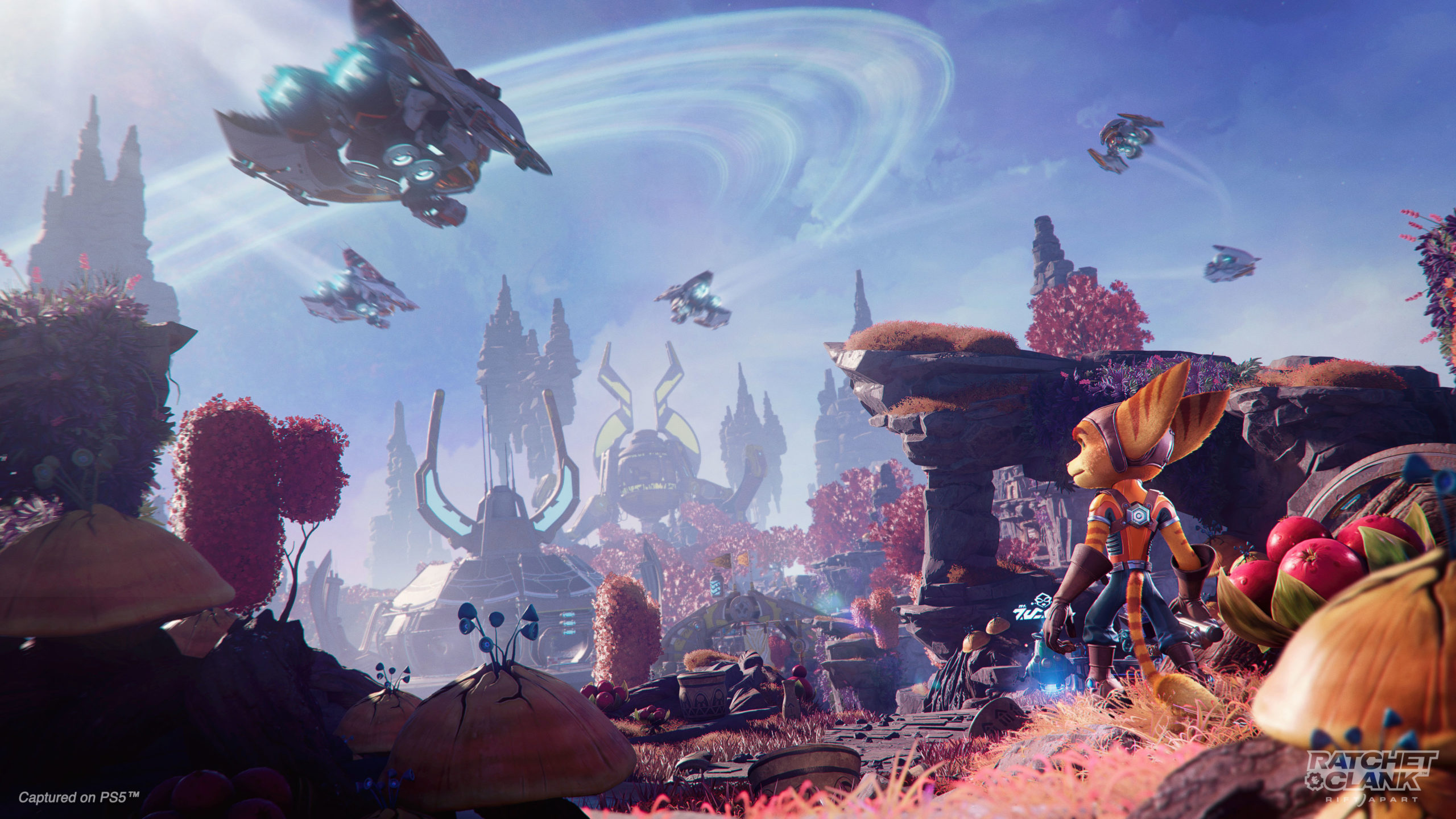 HD wallpaper featuring characters and scenery from the game Ratchet & Clank: Rift Apart, with vibrant landscapes and futuristic vehicles in flight.