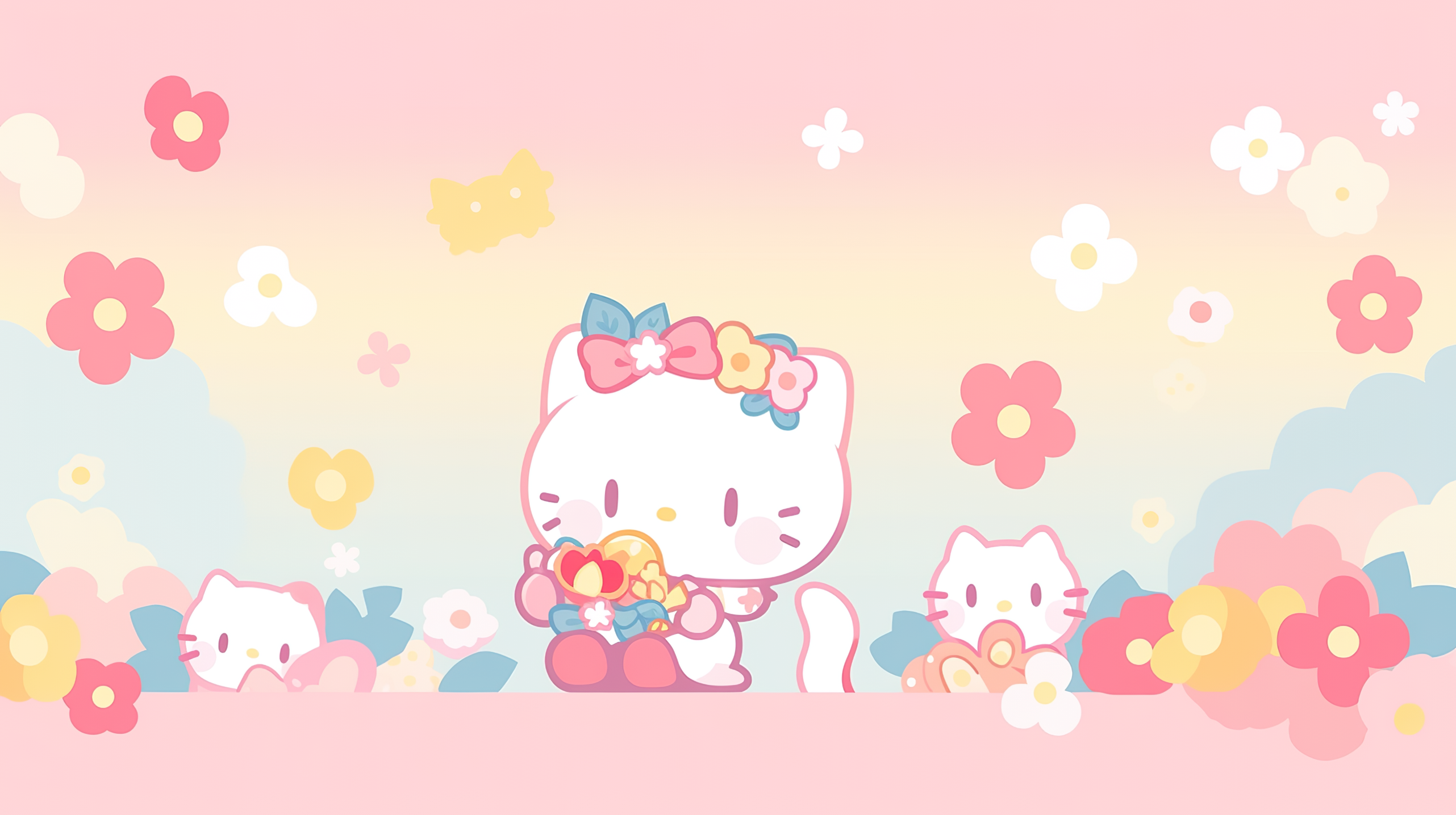 HD Hello Kitty desktop wallpaper featuring cute character designs with a pastel floral background.