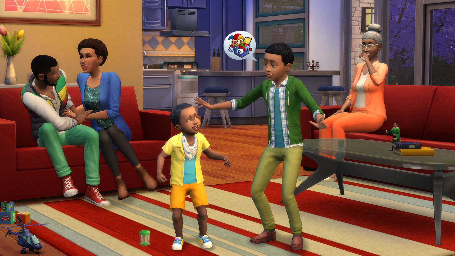 HD desktop wallpaper of a lively scene from The Sims 4, featuring a family interacting in a colorful living room.