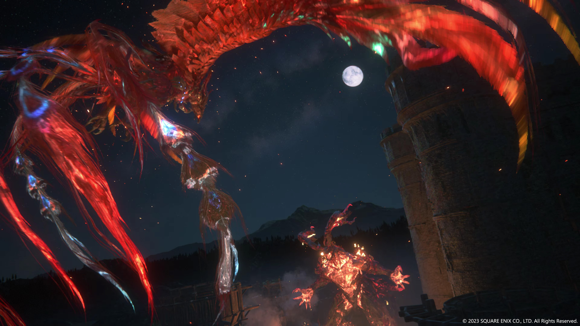 HD wallpaper from Final Fantasy XVI featuring a dramatic battle scene with a fiery dragon under a moonlit sky.