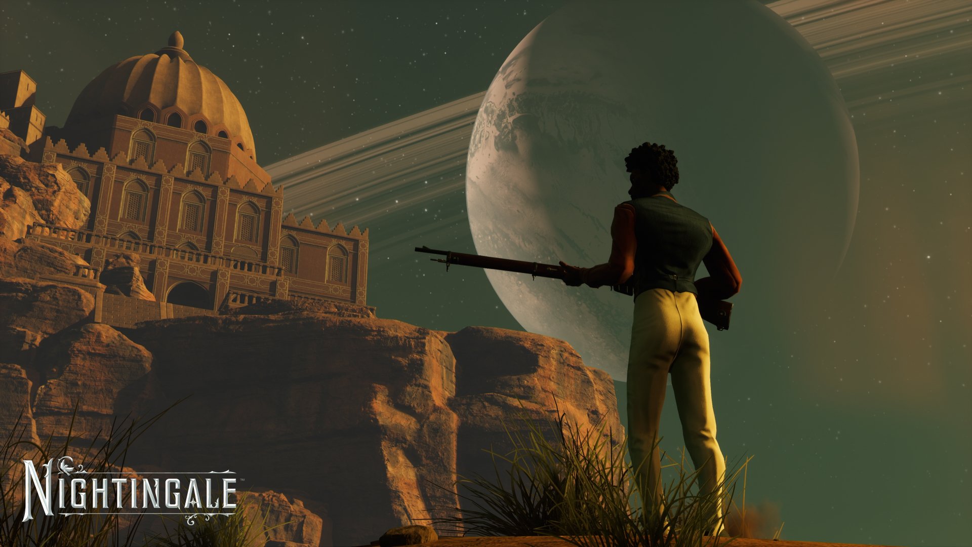 HD wallpaper featuring a character overlooking a landscape with a palace and giant planets, titled Nightingale.