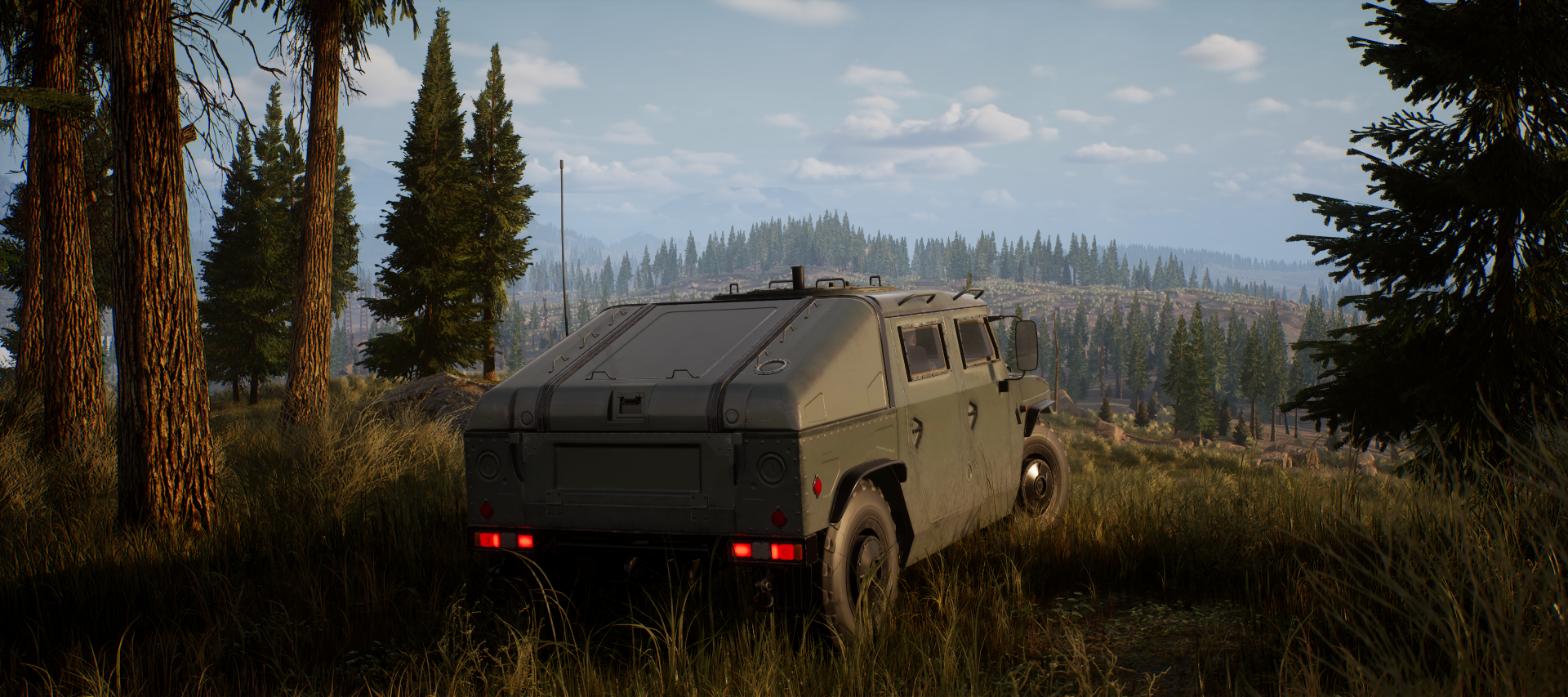 HD desktop wallpaper featuring an armored vehicle from 'The Day Before' game in a serene forest setting.