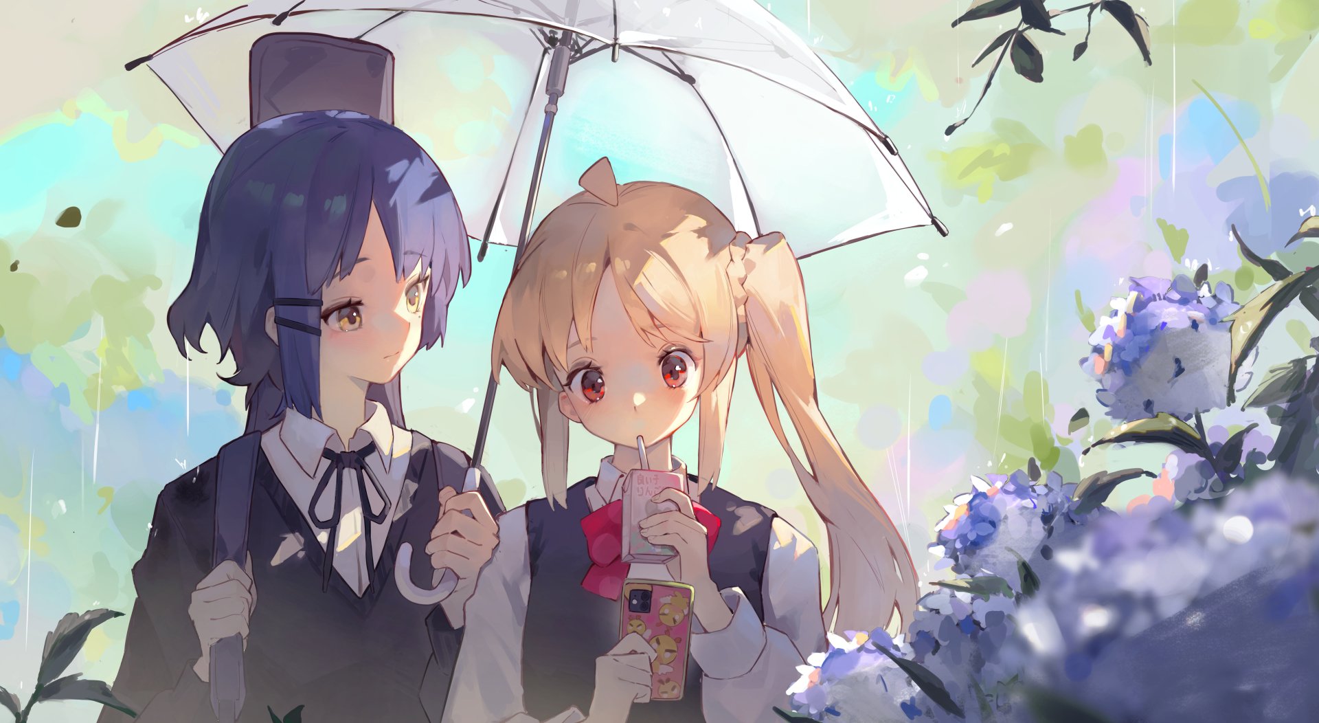 Nijika Ijichi and Ryou Yamada from the anime Bocchi the Rock! share a moment under an umbrella in this vibrant 8K Ultra HD PC desktop wallpaper.