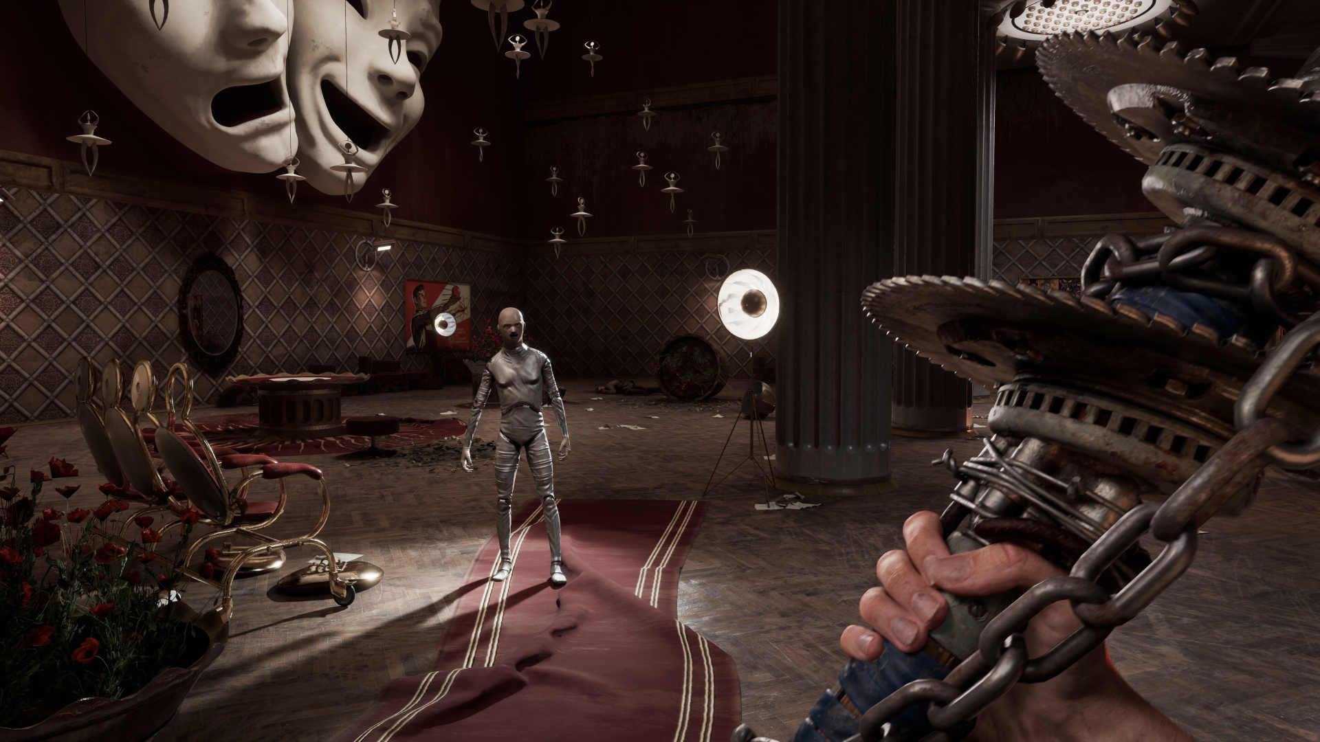 HD desktop wallpaper featuring a scene from Atomic Heart with a robotic figure and a first-person view of mechanical arms.