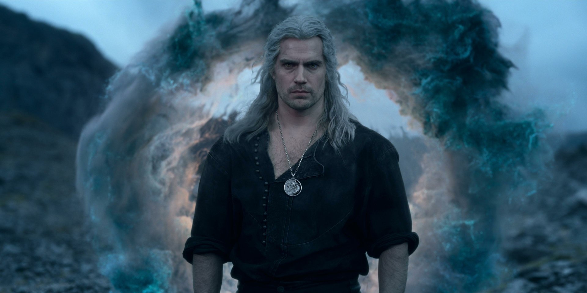 A captivating HD wallpaper from the TV show The Witcher, featuring Geralt of Rivia standing confidently against a mystical, swirling background.
