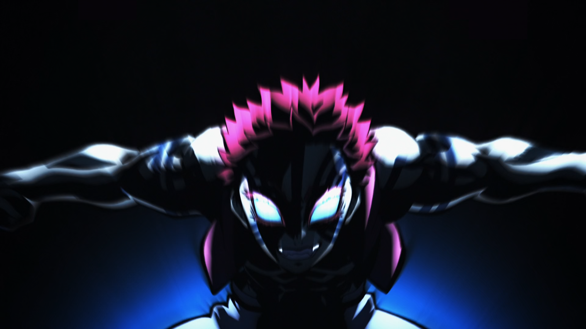 HD desktop wallpaper of Akaza from Demon Slayer: Kimetsu no Yaiba, featuring his glowing eyes and intense pose in a dark, dramatic anime style.