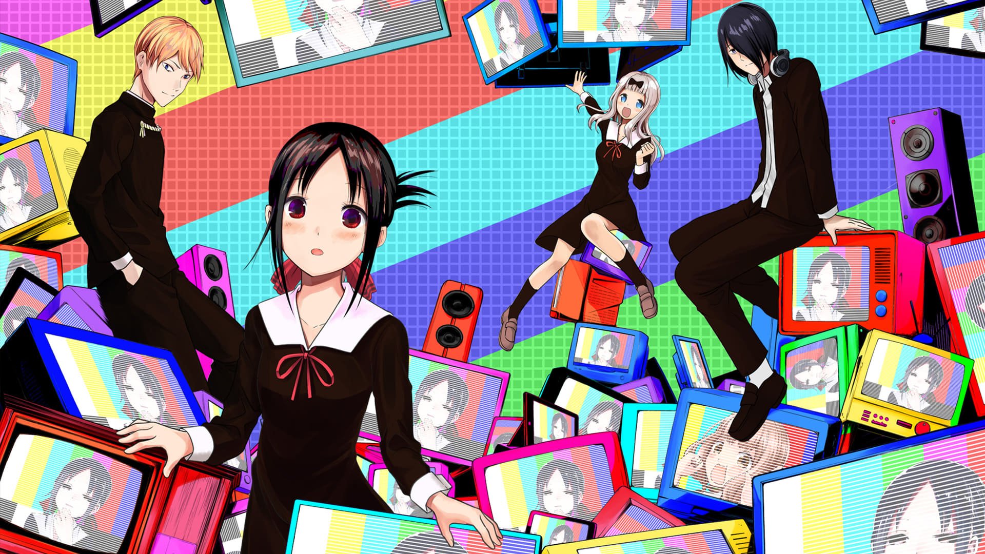 Anime HD PC desktop wallpaper: Kaguya-sama: Love is War characters posed among stacked CRT TVs against a vibrant rainbow backdrop.