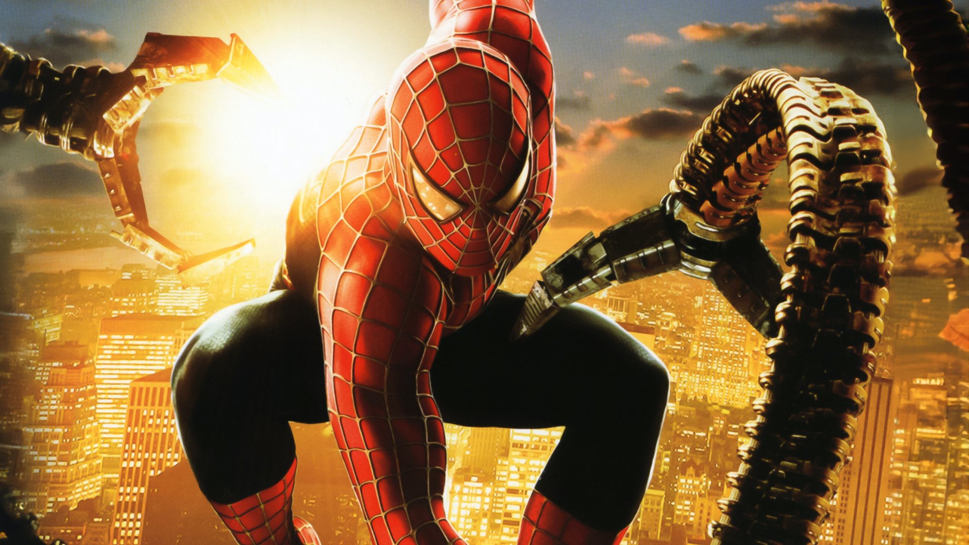 HD PC desktop wallpaper featuring Spider-Man from the movie Spider-Man 2, poised against a cityscape with Doctor Octopus' mechanical arms in the background.