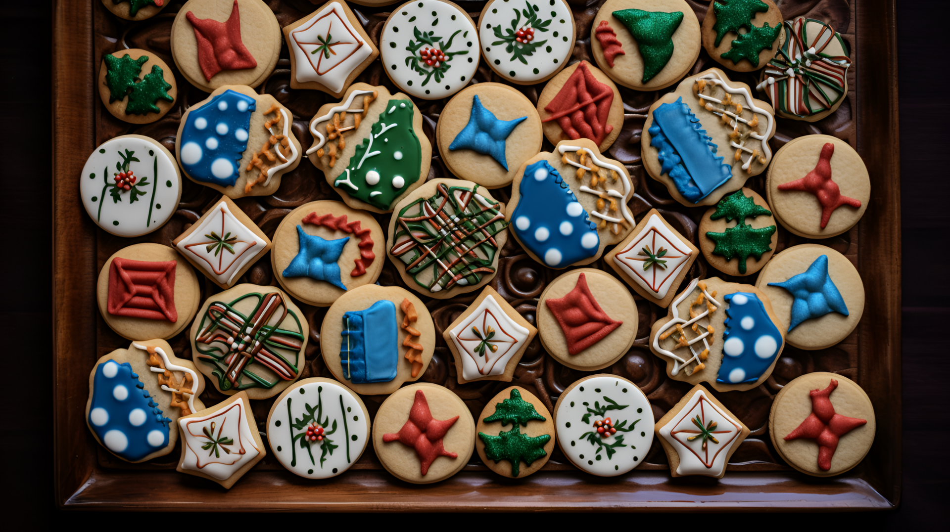 A colorful assortment of beautifully decorated sugar cookies, featuring festive designs and intricate icing patterns, makes an inviting and appetizing HD desktop wallpaper.