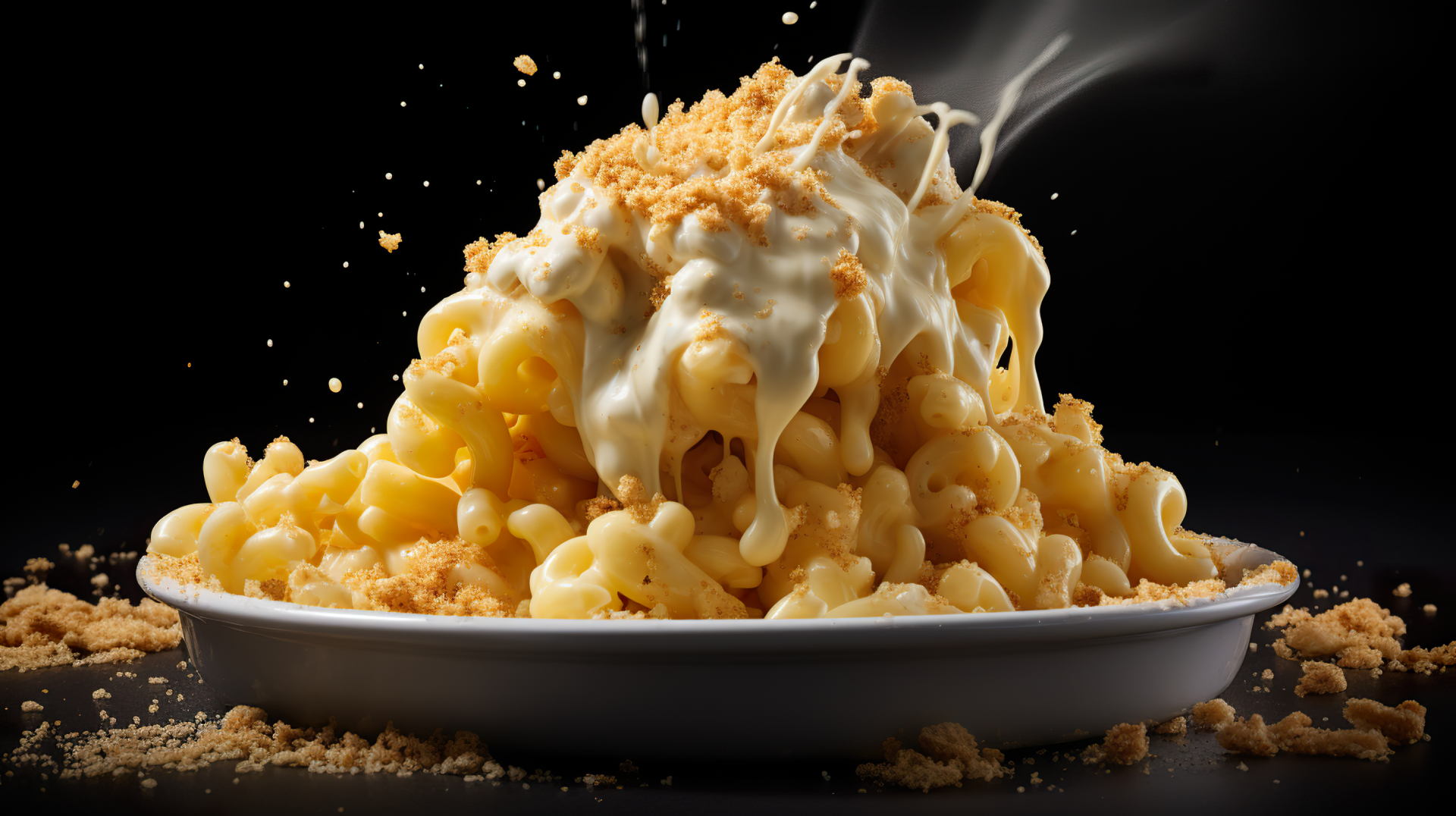 HD desktop wallpaper featuring a heaping plate of creamy mac and cheese with melted cheese and breadcrumbs, set against a dark background.