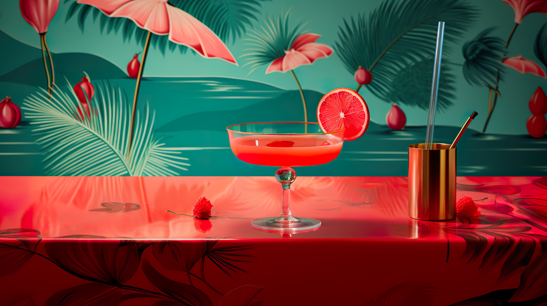 HD desktop wallpaper featuring a vibrant Daiquiri cocktail with a slice of lime, surrounded by lush tropical foliage, on a glossy red surface.