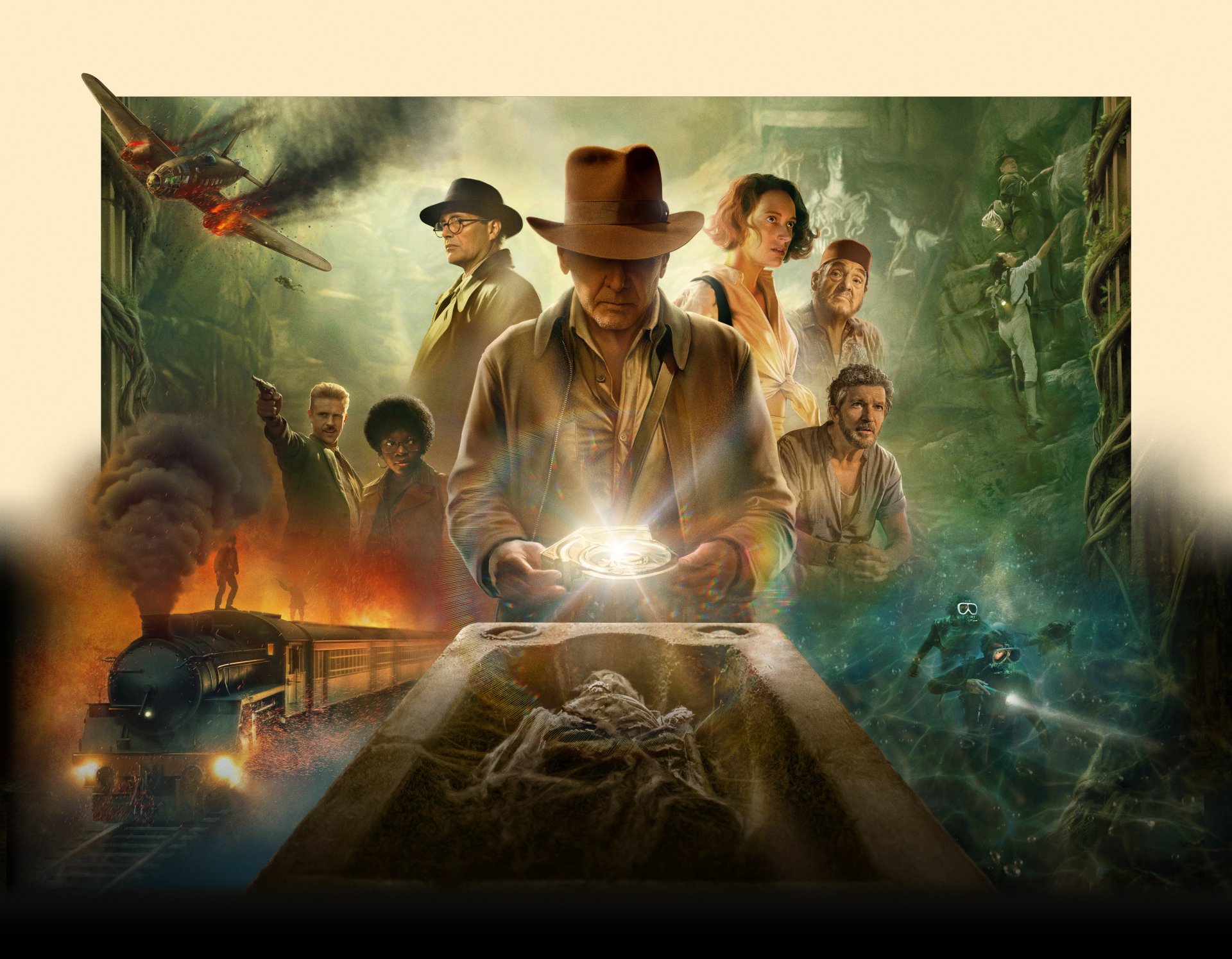 8K Ultra HD desktop wallpaper featuring Indiana Jones and the Dial of Destiny, showcasing iconic characters and adventurous scenes from the movie.