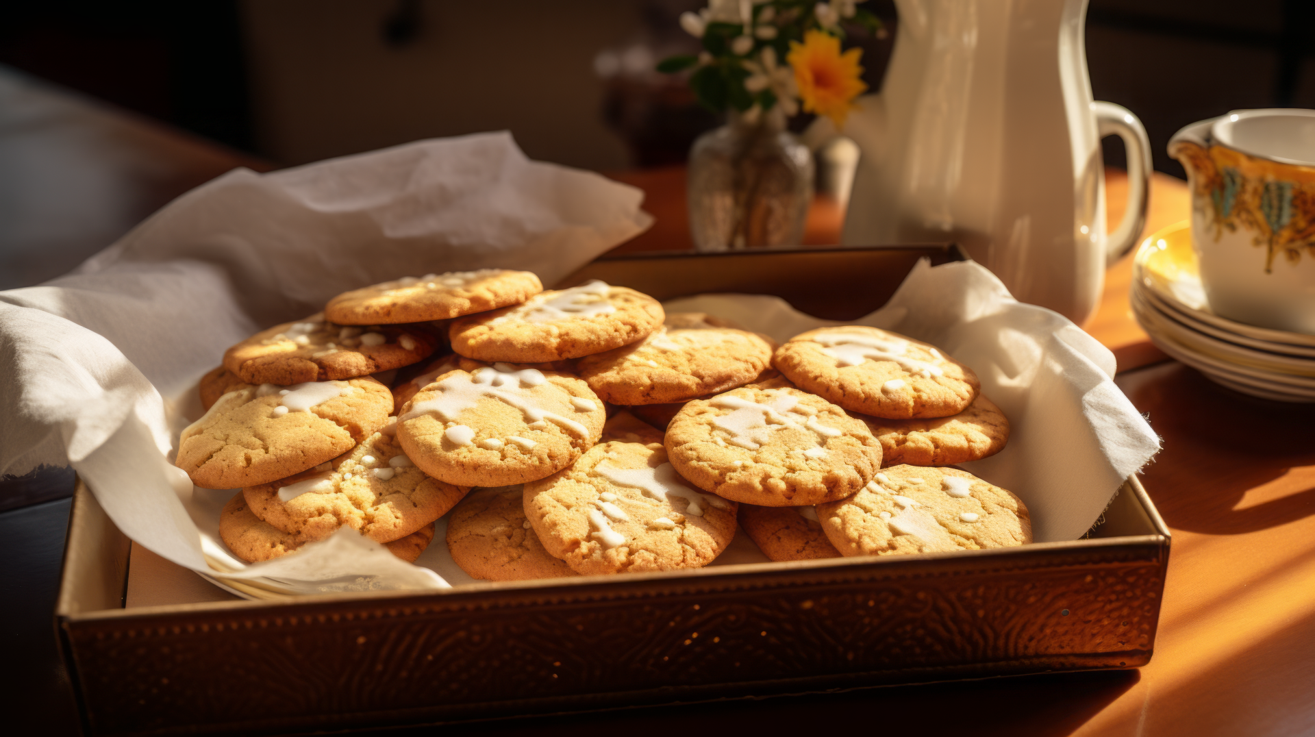 A beautifully lit tray of sugar cookies, featuring a golden-brown color and a light dusting of sugar, set against a warm, inviting background with flowers and kitchenware.