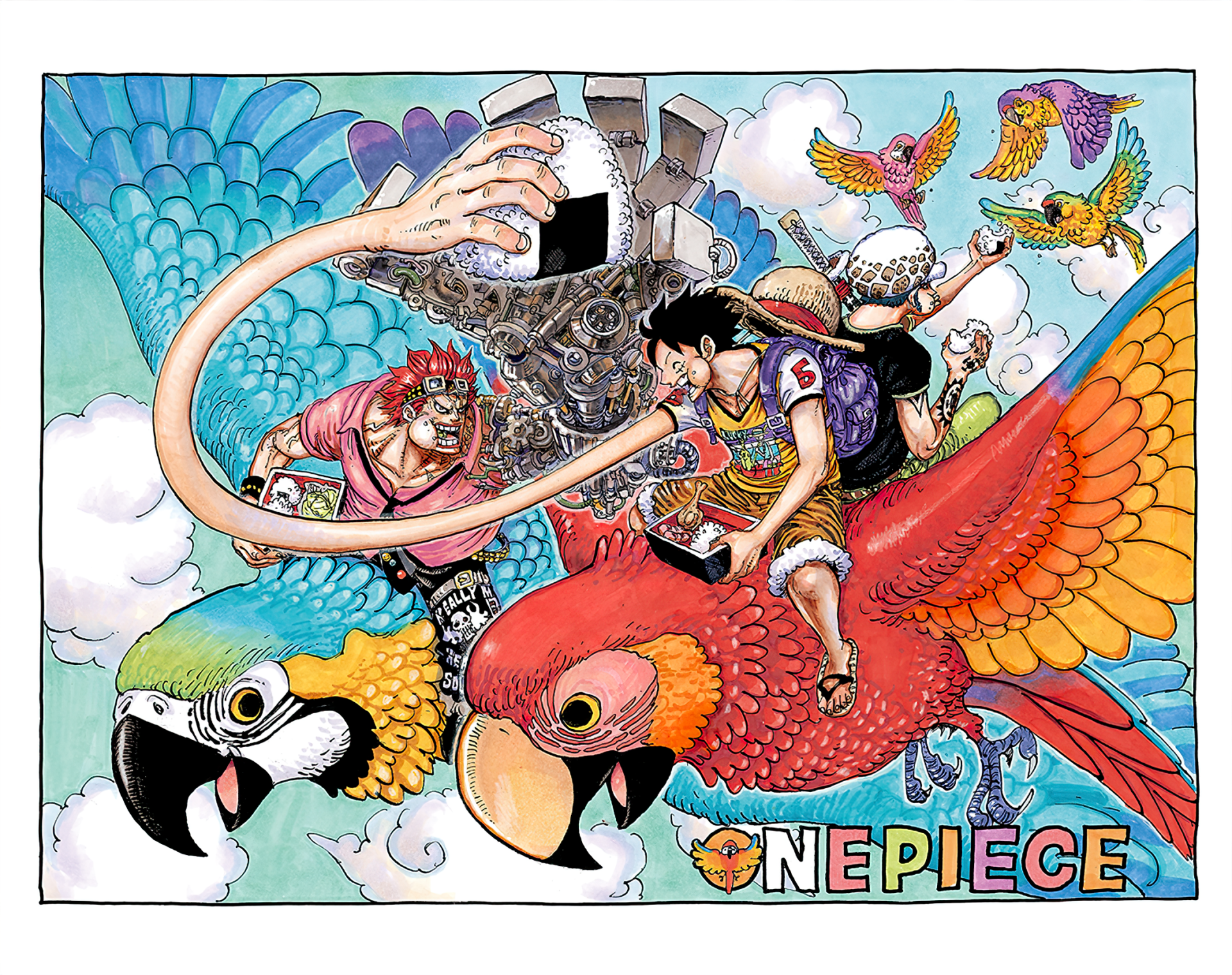 HD wallpaper featuring the Monster Trio from One Piece: Trafalgar Law, Monkey D. Luffy, and Eustass Kid, illustrated amidst vibrant and mythical birds.