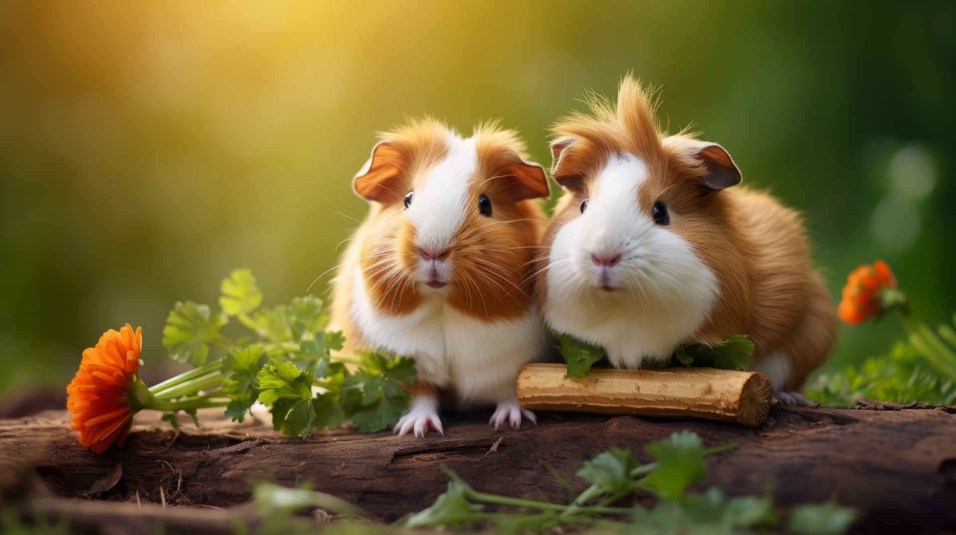 A charming HD desktop wallpaper featuring two adorable guinea pigs nestled together amidst greenery and vibrant flowers, showcasing AI art creativity.