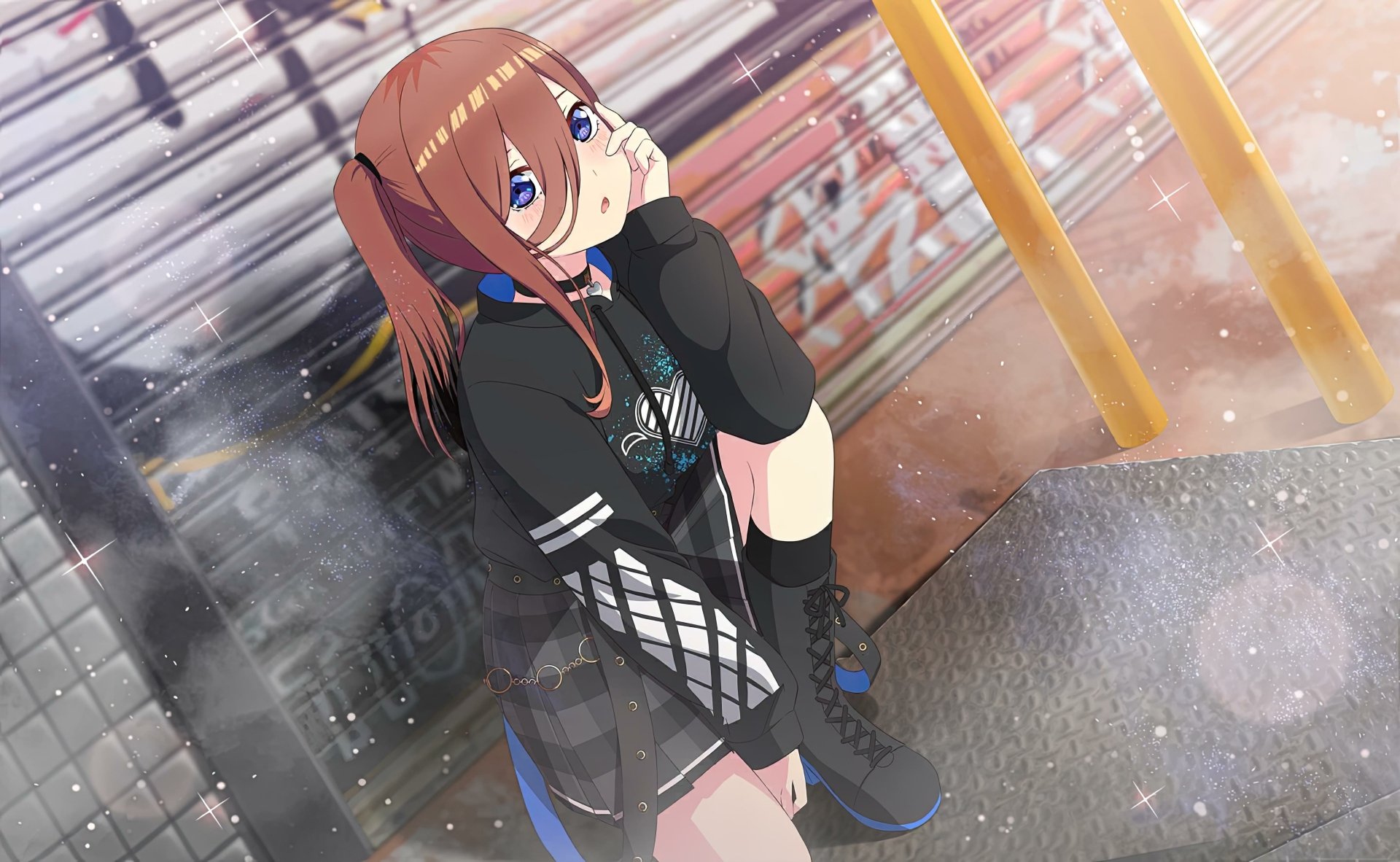 Anime character Miku Nakano from The Quintessential Quintuplets poses in a stylish outfit against an urban backdrop in this 4K Ultra HD PC desktop wallpaper.