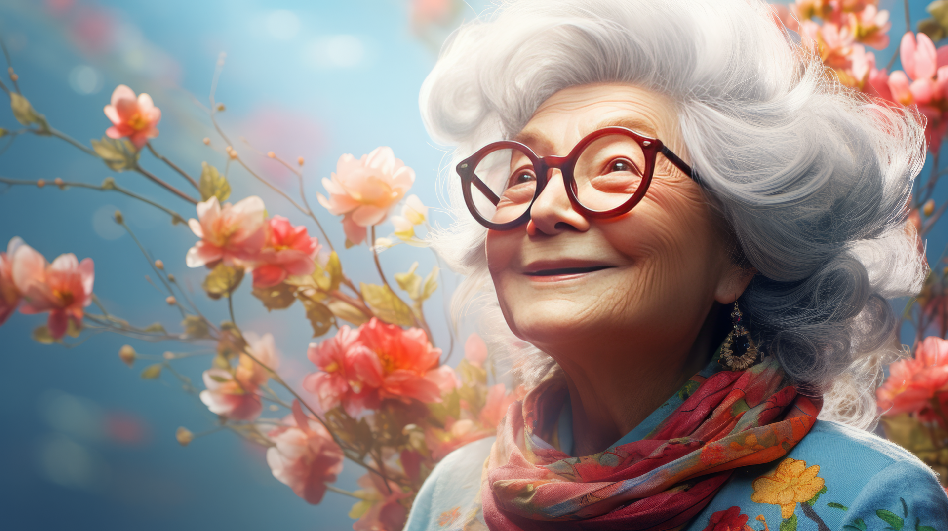 A joyful grandmother with silver hair and glasses smiles amidst blooming flowers, creating a vibrant and uplifting HD desktop wallpaper.