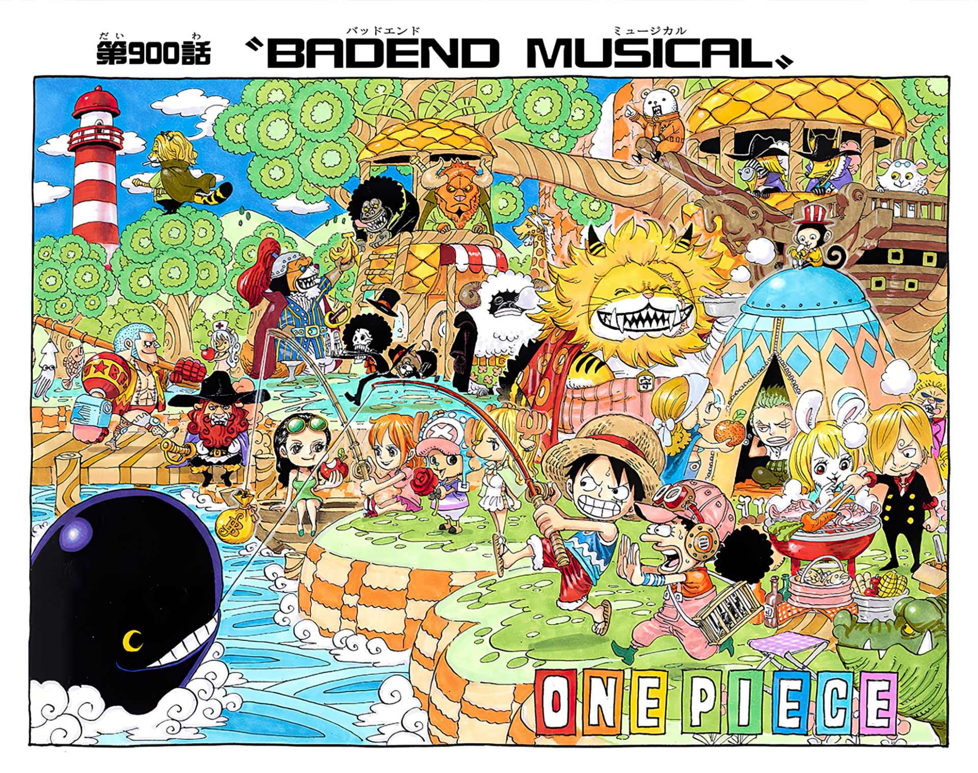 HD desktop wallpaper featuring colorful One Piece characters Nami, Carrot, Nekomamushi, Inuarashi, and Pedro in a whimsical, detailed anime setting.