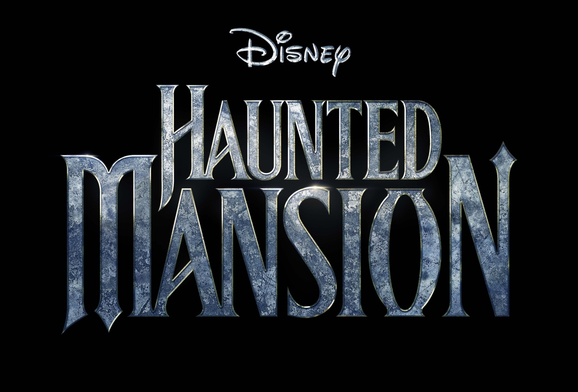 HD desktop wallpaper featuring Disney's Haunted Mansion movie logo in stylized icy blue text on a dark background.