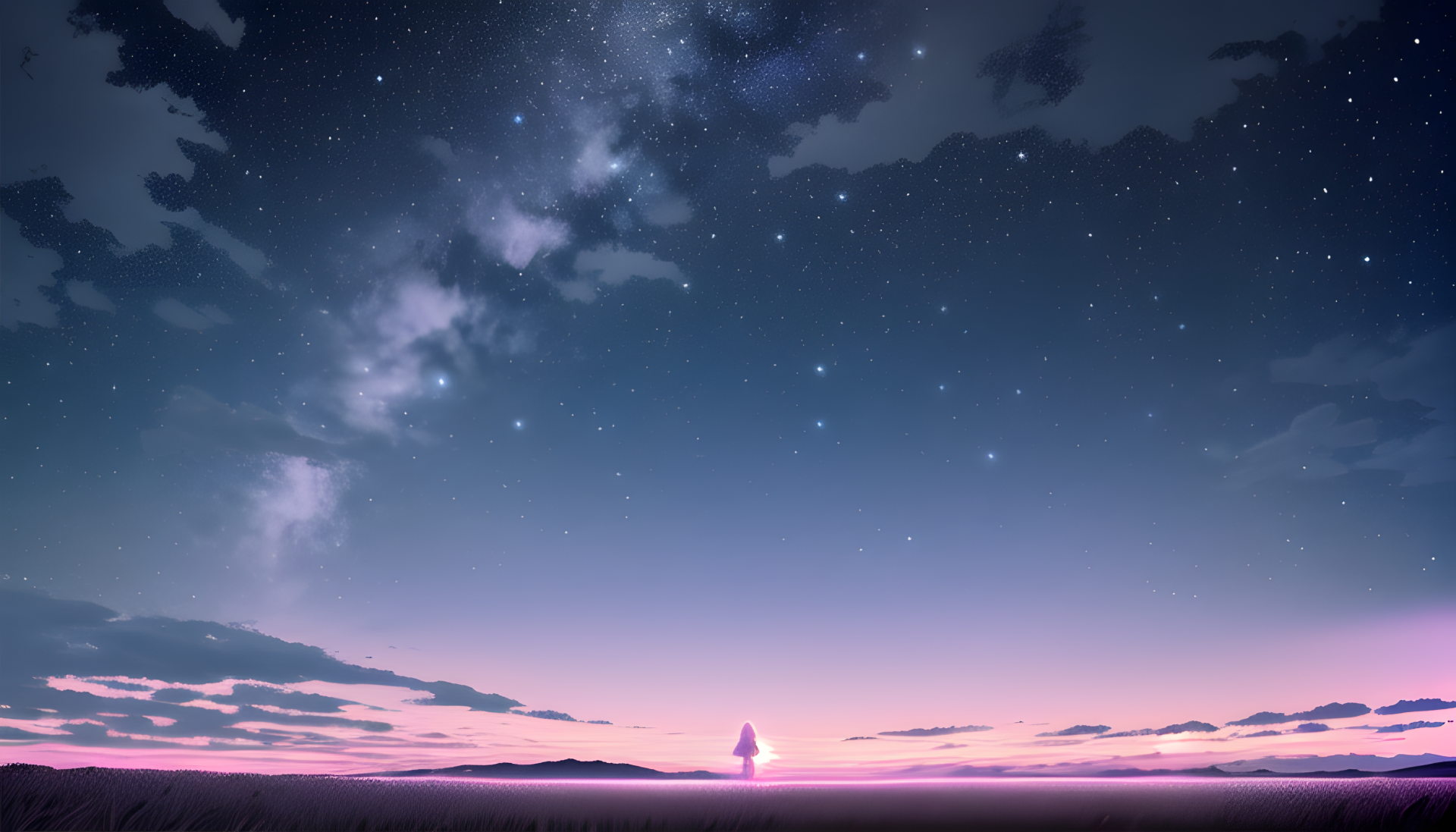 HD anime landscape of a serene night sky with stars and clouds over a calm horizon, created as AI art for a PC desktop wallpaper background.