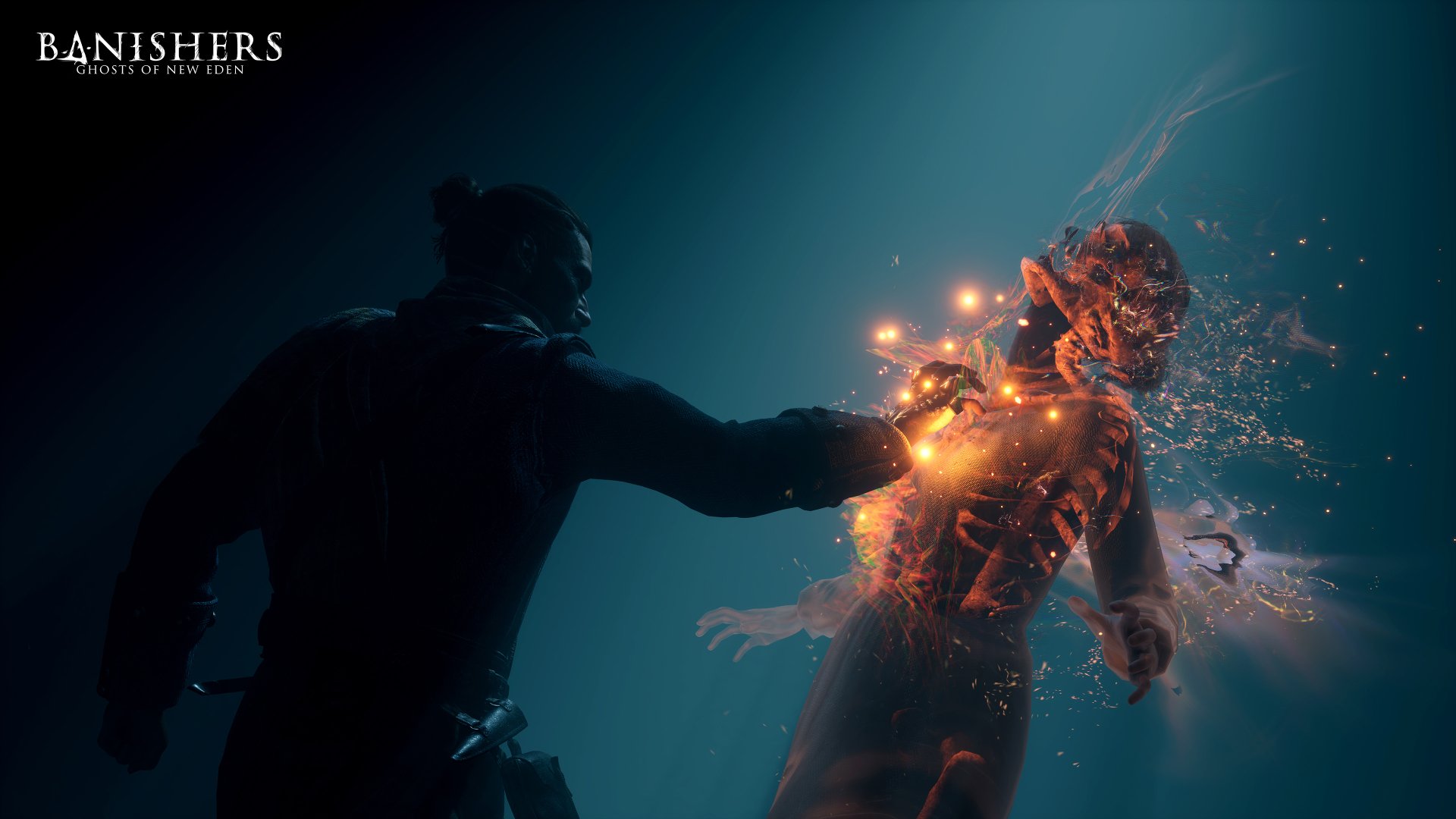 HD desktop wallpaper from Banishers: Ghosts of New Eden featuring a character confronting a spectral ghost in a dramatic, mystical scene.