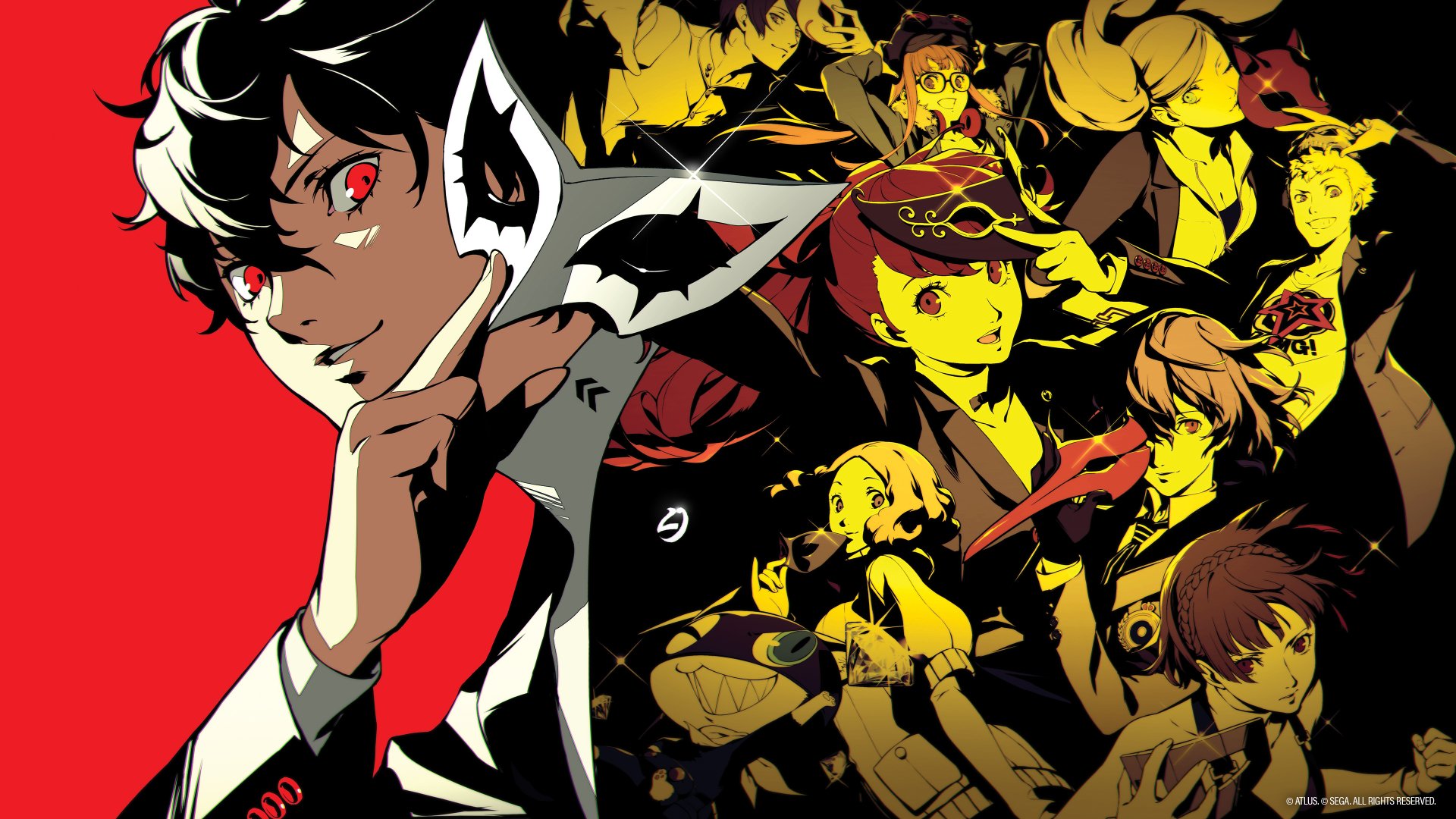 HD desktop wallpaper featuring Joker from Persona 5, styled in bold red and black with dynamic illustrations of other characters in the background.