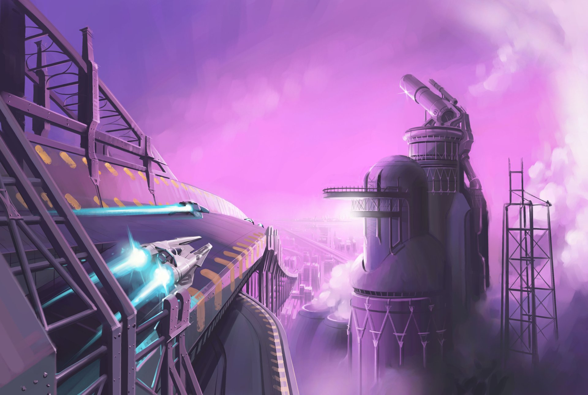 HD desktop wallpaper from Wipeout Omega Collection featuring a futuristic racing ship speeding along a vibrant purple track with industrial structures in the background.
