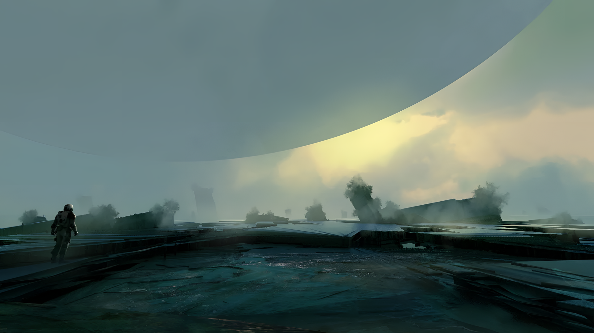 HD desktop wallpaper from the video game Starfield, featuring a silhouette of an explorer on a misty alien planet with a large celestial body in the background.