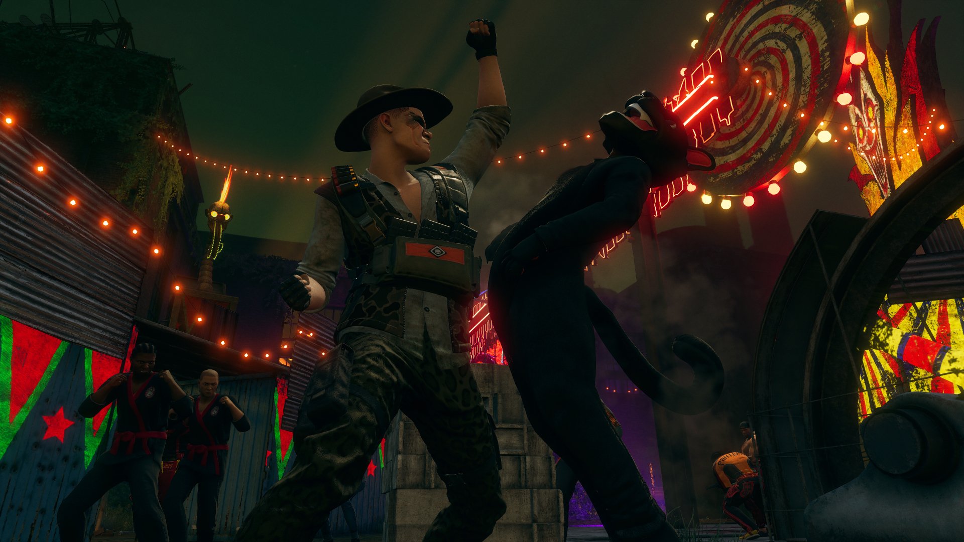 HD desktop wallpaper from Saints Row (2022) featuring a nighttime street fight scene with vibrant carnival lights.