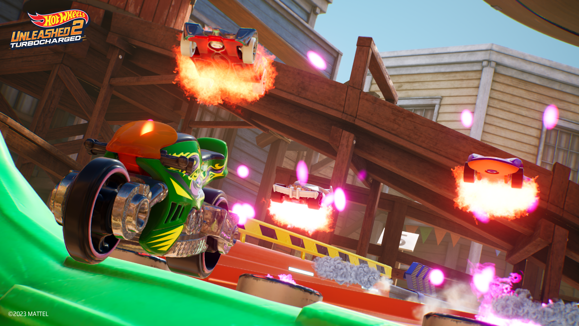 HD desktop wallpaper for Hot Wheels Unleashed 2: Turbocharged, featuring dynamic race cars on a fiery and vibrant track.