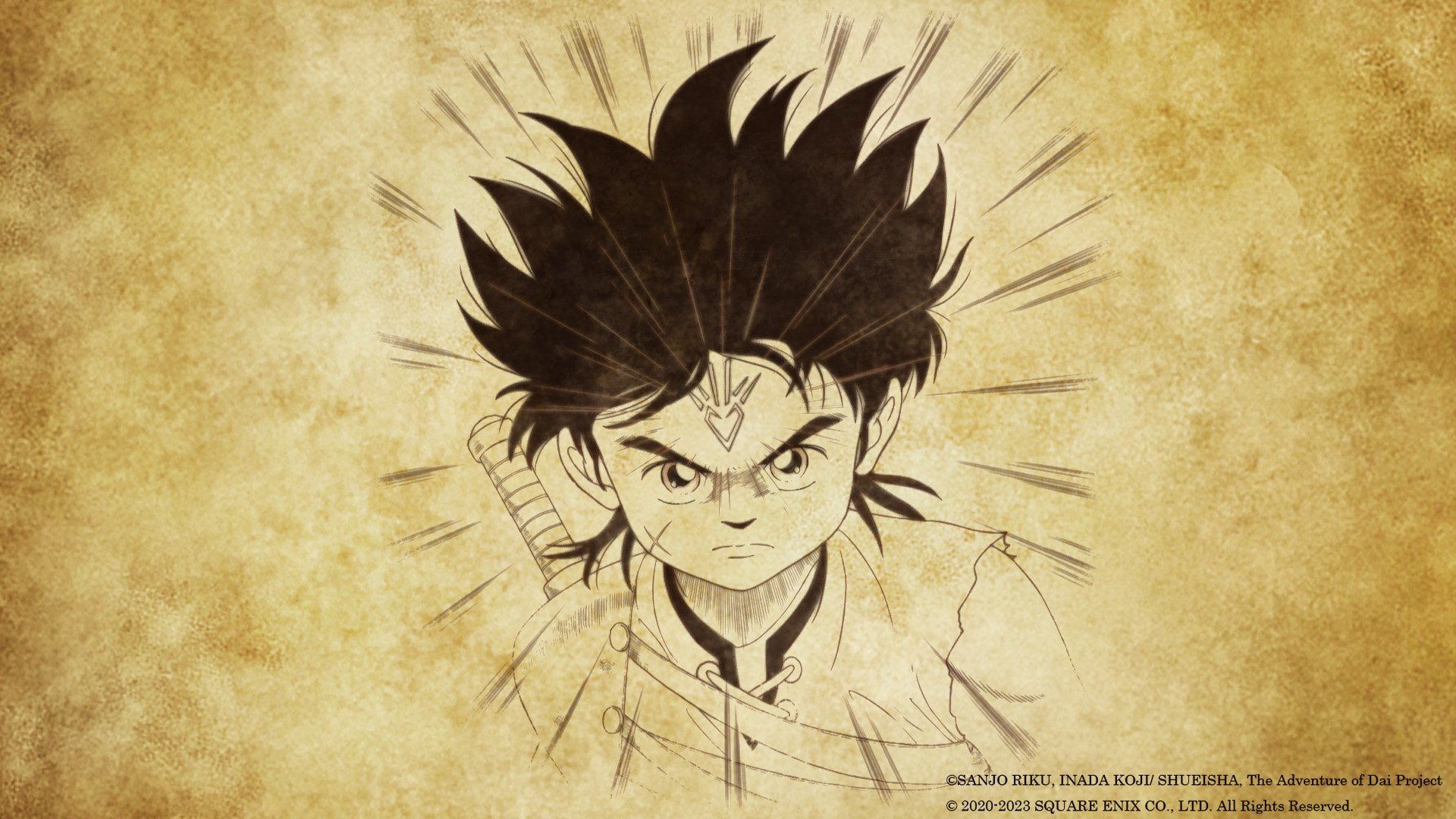 HD desktop wallpaper featuring a sketched portrait of a character from Infinity Strash: DRAGON QUEST The Adventure of Dai on a vintage paper background.