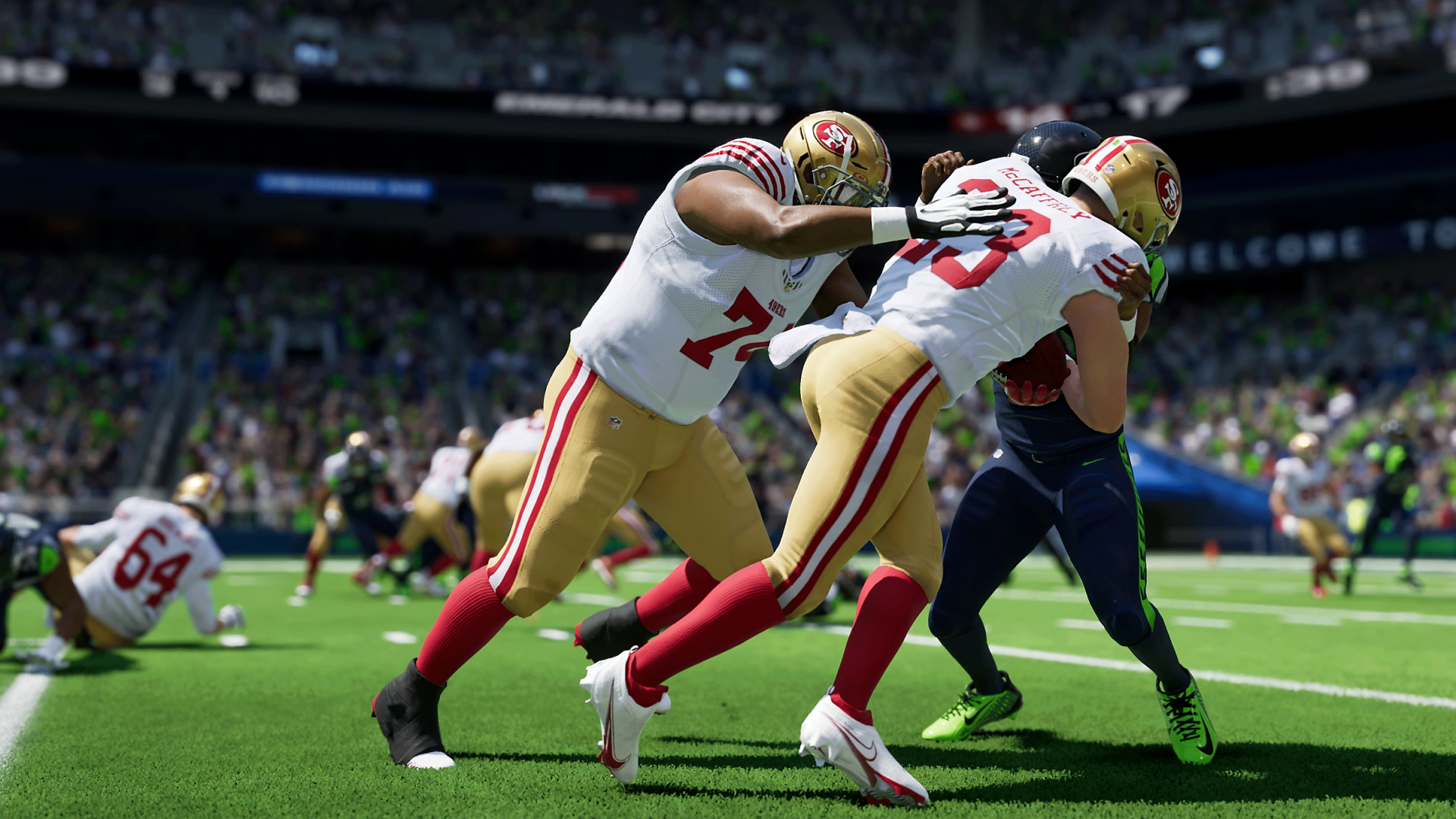 HD wallpaper from Madden NFL 24 featuring two football players in action on the field, capturing gameplay realism.