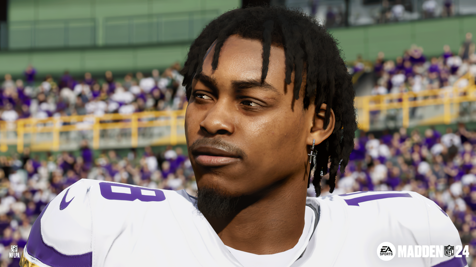 HD desktop wallpaper from Madden NFL 24 featuring a detailed close-up of a video game character in a purple football jersey, set against a stadium background.