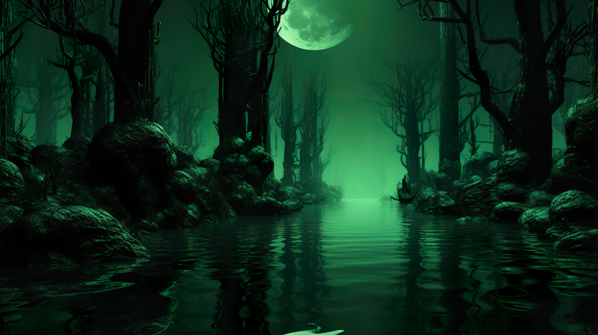 HD desktop wallpaper of a mystical green-lit swamp with silhouetted trees under a full moon, creating an eerie fantasy landscape.